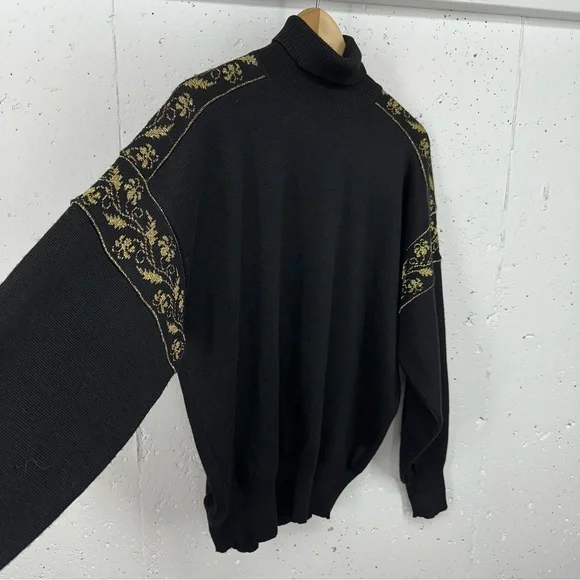 Vintage David Meister Large Wool Blend Black Metallic Gold Turtleneck Sweater - Picture 5 of 15